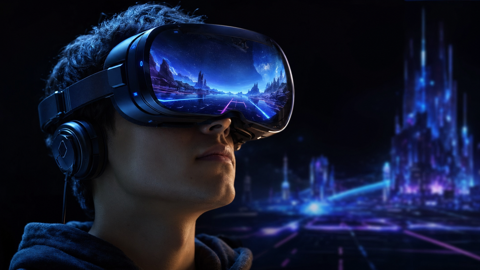 Person wearing VR headset immersed in virtual world