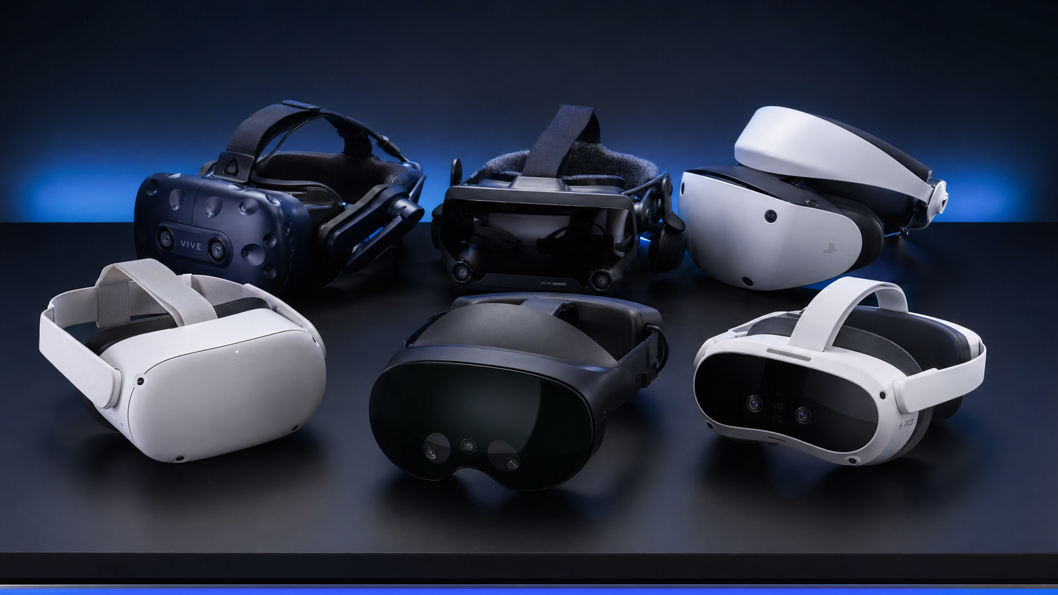 Collection of modern VR headsets on display